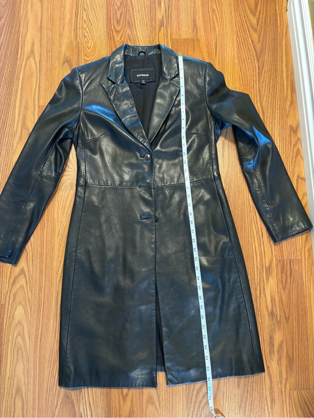 Express Dark Green Leather Longline Trench Coat - Picture 6 of 14